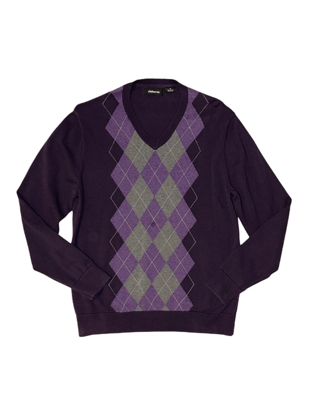 CLAIBORNE Men's Purple And Grey Argyle Long Sleeve Sweater Size Medium